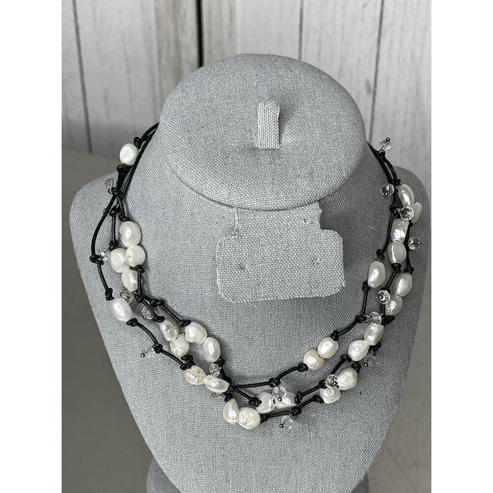 White Pearls & Leather Necklace Freshwater Pearl Multi Strand Adjustable
